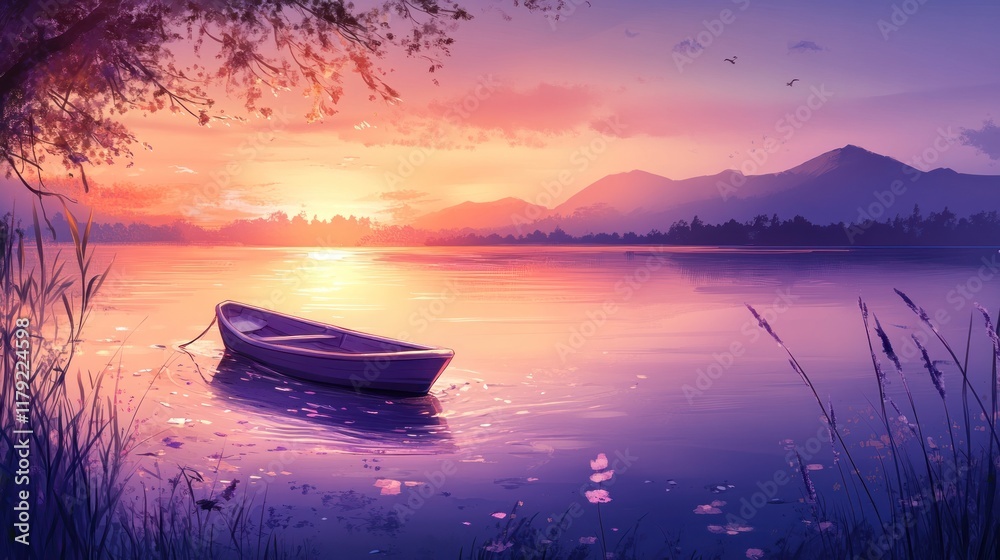 Serene sunset over calm lake with small boat. (6) Serene sunset over calm lake with small boat. (6)