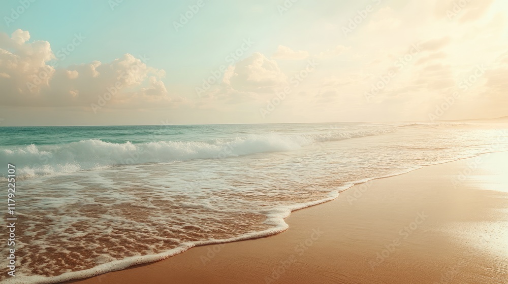 Obraz premium A serene beachscape with gentle waves and untouched sand, radiating peace and tranquility under a glowing sky