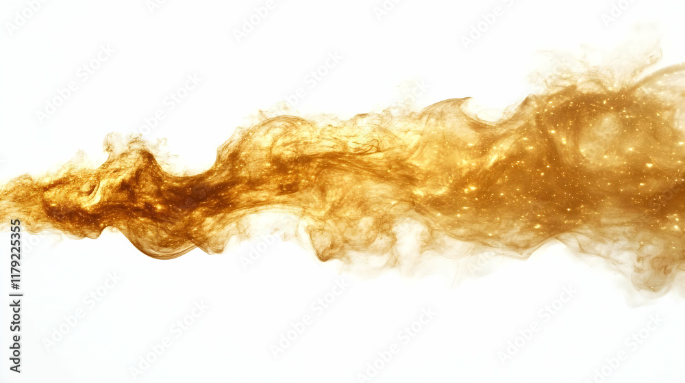 Golden Smoke Flows Gracefully Across a White Background, Creating an Abstract Design Golden Smoke Flows Gracefully Across a White Background, Creating an Abstract Design