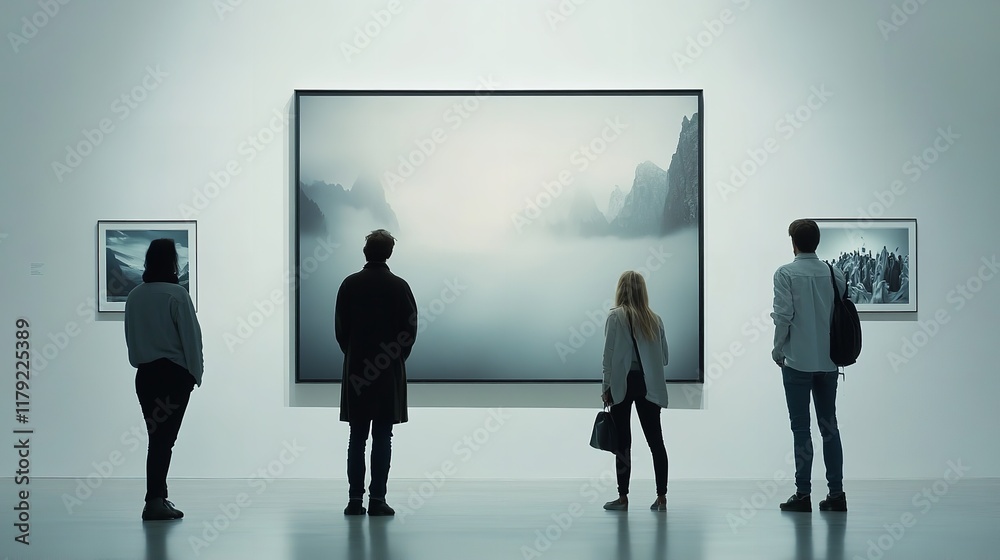 Fototapeta premium A large painting in art gallery on the wall and several people walking around