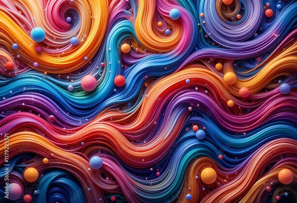 Abstract Colorful Swirling Waves With Floating Spheres Abstract Colorful Swirling Waves With Floating Spheres