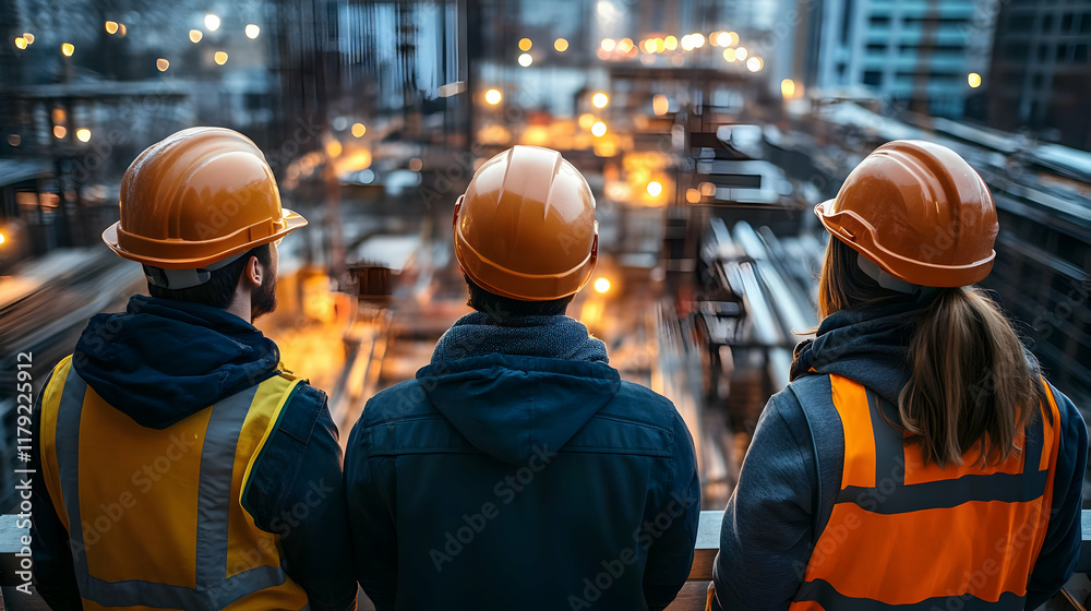 Construction workers observe the city development progress with illuminated city lights in the background. Construction workers observe the city development progress with illuminated city lights in the background.