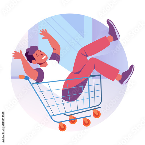 A flat illustration of a character lay down in shopping cart 
