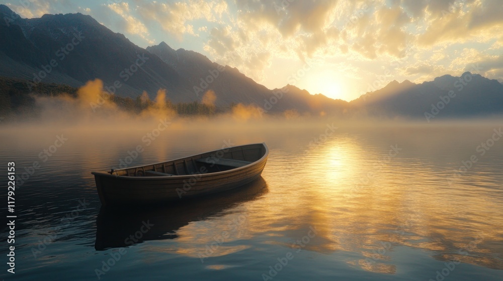 Naklejka premium Serene sunrise over misty lake with small rowboat.