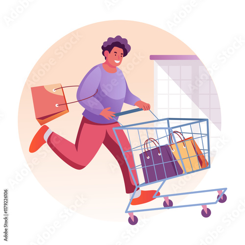 A flat illustration of happy consumer rolling a shopping trolley 

