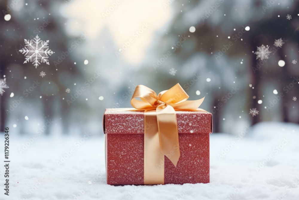 Red gift box with gold ribbon covered with snow under falling snowflakes in winter forest during christmas holidays Red gift box with gold ribbon covered with snow under falling snowflakes in winter forest during christmas holidays