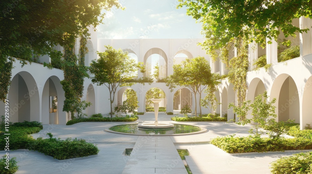 Sunlit courtyard with white arches, lush greenery, and a central fountain. Sunlit courtyard with white arches, lush greenery, and a central fountain.