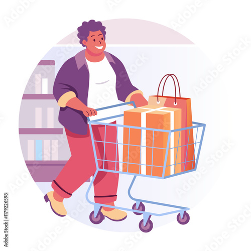 A flat illustration of a character rolling a cart having shopping fun 

