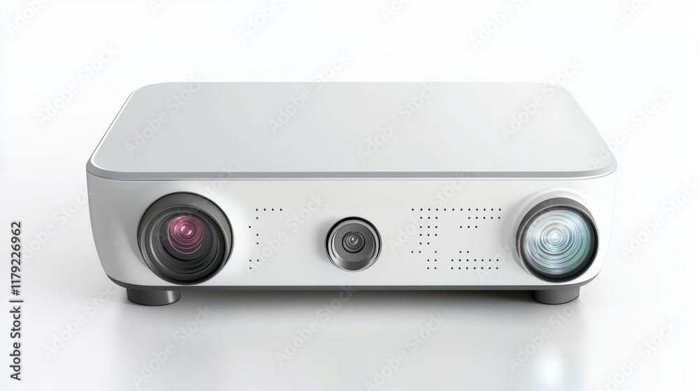 Compact projector with sleek curves, isolated on a bright white background Compact projector with sleek curves, isolated on a bright white background