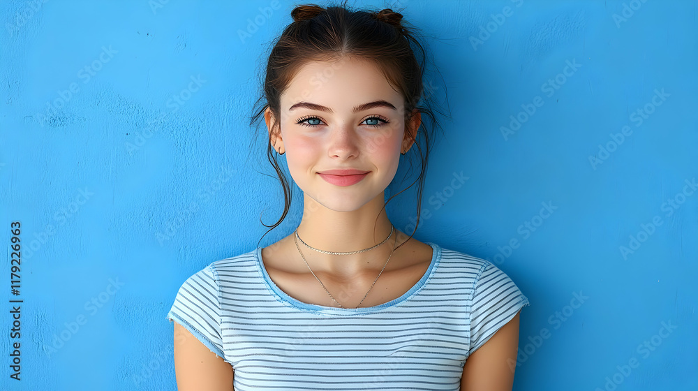 Young Woman Smiles Gently Against a Vibrant Blue Backdrop, Fashion and Beauty Portrait. Young Woman Smiles Gently Against a Vibrant Blue Backdrop, Fashion and Beauty Portrait.