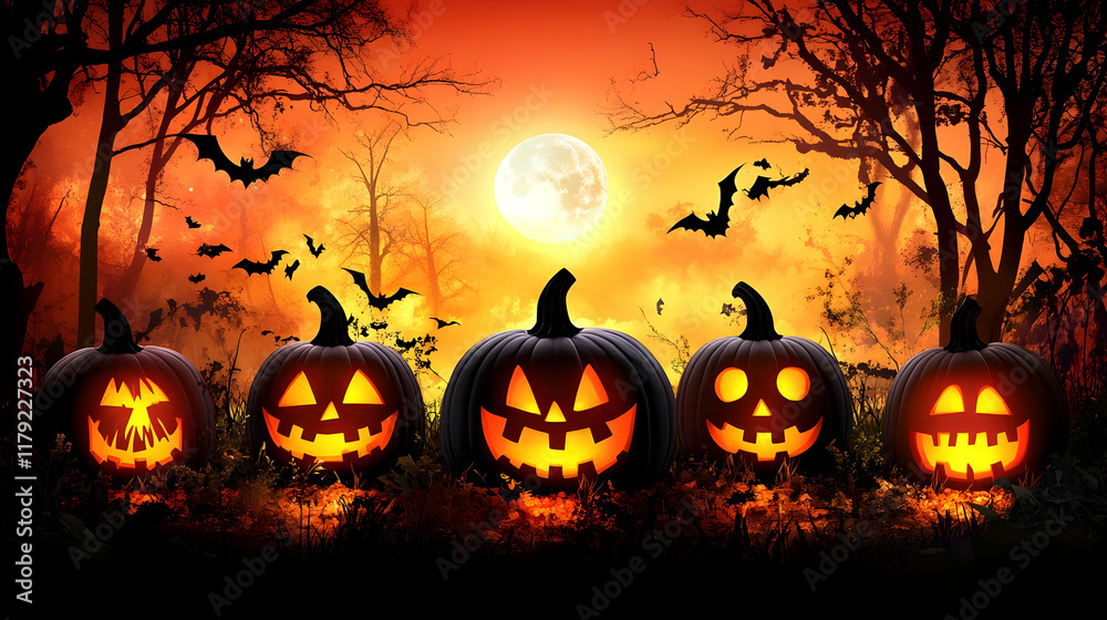 Five Jack-o'-lanterns Glow in a Spooky Forest under a Full Moon with Bats Flying Five Jack-o'-lanterns Glow in a Spooky Forest under a Full Moon with Bats Flying