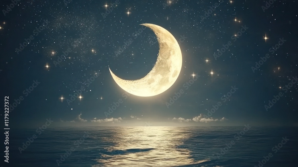 Fototapeta premium Crescent moon over calm ocean at night, stars shining brightly.