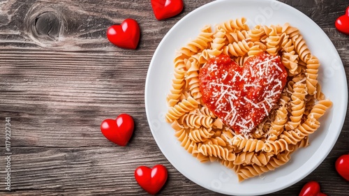 A plate of pasta shaped like a heart, topped with sauce and cheese, surrounded by heart-shaped decorations, creating a romantic dining experience., love, valentine day. photo