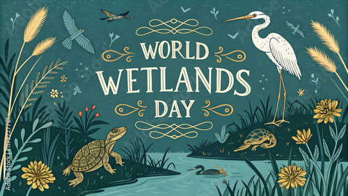 World Wetlands Day, intricate typography, lush wetland ecosystem, frogs, birds in flight, heron, cattails, reeds, water plants, aquatic landscape, teal and gold color scheme, 