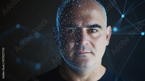 Man's face overlaid with digital network mesh. (1)