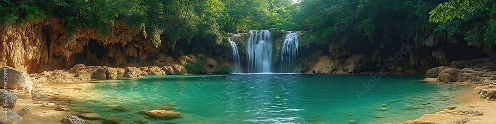 Fototapeta premium Serene waterfall cascading into a turquoise pool surrounded by lush jungle.