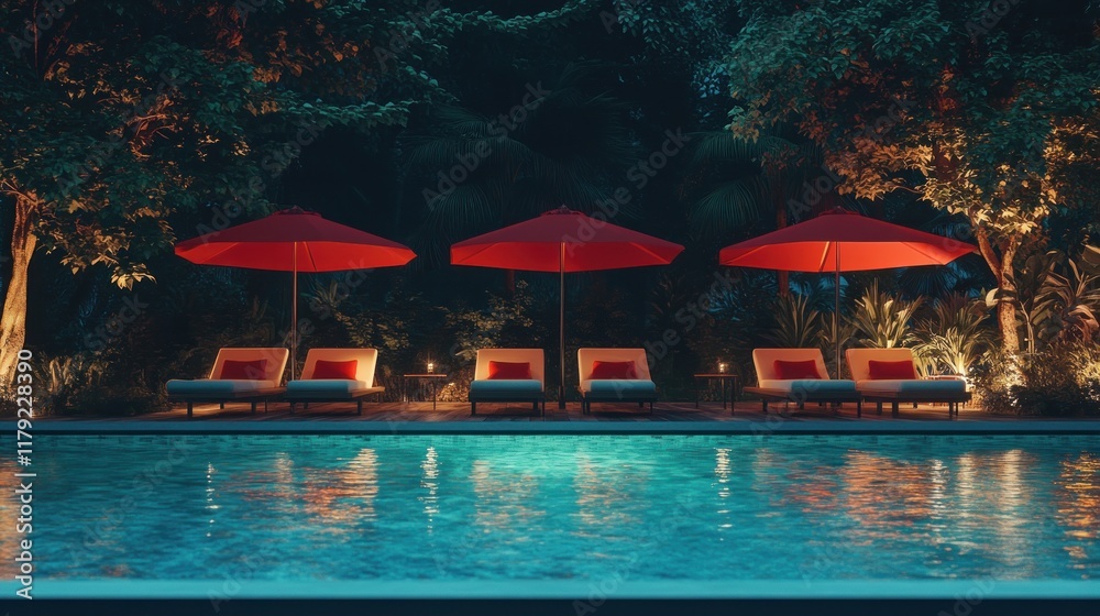 Tranquil night scene of three red umbrellas by a resort pool. Tranquil night scene of three red umbrellas by a resort pool.