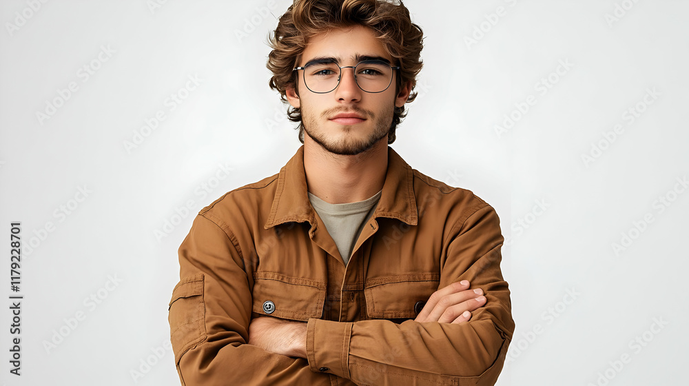 Confident Man with Crossed Arms, Wearing Glasses and a Brown Jacket Against a Plain Backdrop Confident Man with Crossed Arms, Wearing Glasses and a Brown Jacket Against a Plain Backdrop
