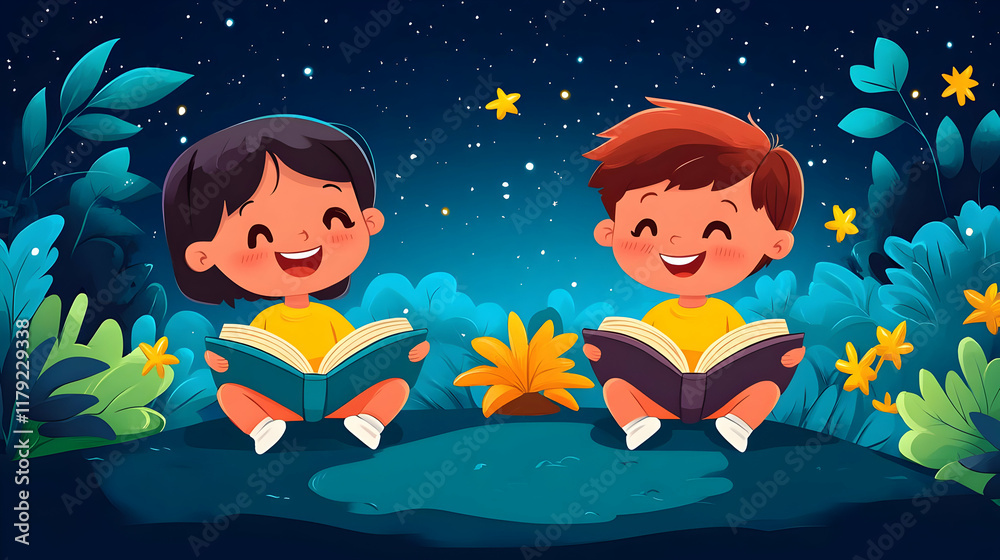 Two Happy Children Reading Books Under the Starry Night Sky with Plants Two Happy Children Reading Books Under the Starry Night Sky with Plants