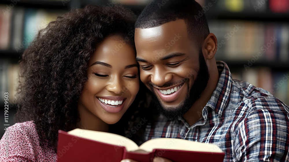 Happy Couple Reading a Book Together in the Library, Enjoying a Shared Moment of Learning Happy Couple Reading a Book Together in the Library, Enjoying a Shared Moment of Learning