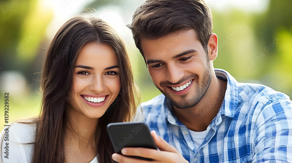 Happy Couple Shares a Laugh While Looking at Smartphone Outdoors in Nature Together Joyfully Happy Couple Shares a Laugh While Looking at Smartphone Outdoors in Nature Together Joyfully
