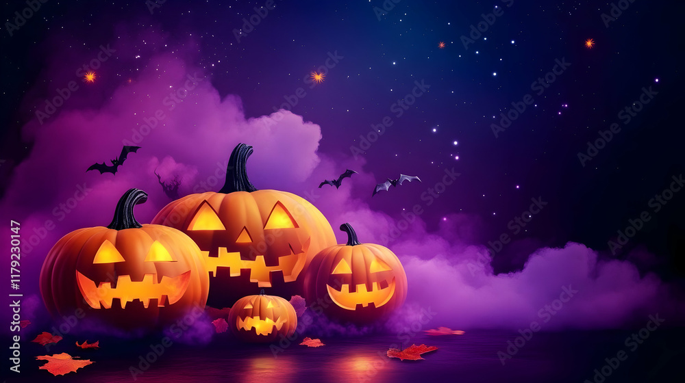 Glowing Jack-o'-lanterns Emerge from Purple Fog Under a Starry Night Sky with Bats Glowing Jack-o'-lanterns Emerge from Purple Fog Under a Starry Night Sky with Bats