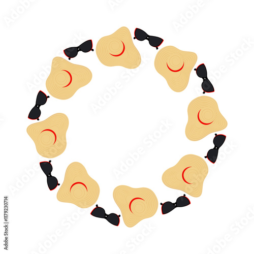 Sunglasses and Wide brimmed hat Circle Frame border. Summertime rest Copy space Template concept