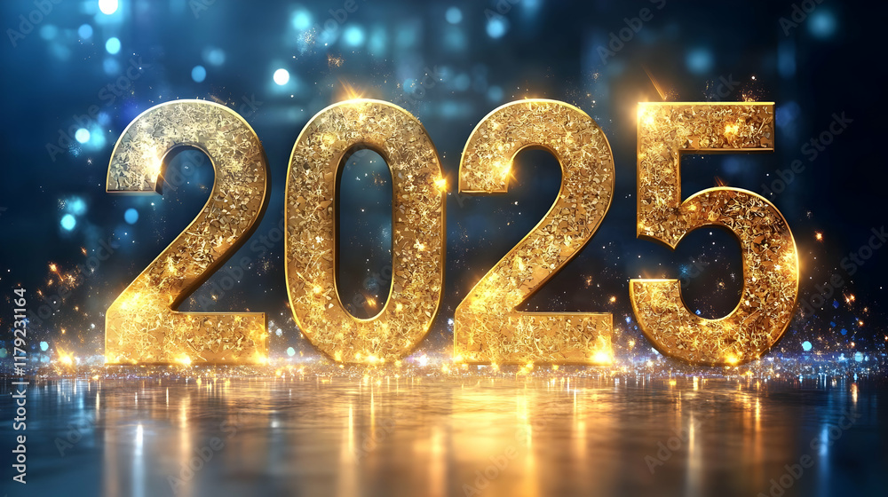 Golden 2025 Sparkles on Reflective Surface with Festive Lights Golden 2025 Sparkles on Reflective Surface with Festive Lights