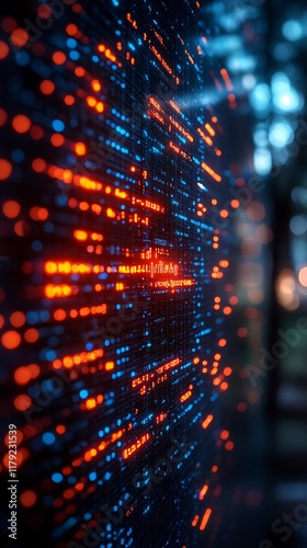 Wallpaper Mural Close-Up Photo: Dynamically Flowing Digital Data Stream at Night. AI Generated Torontodigital.ca