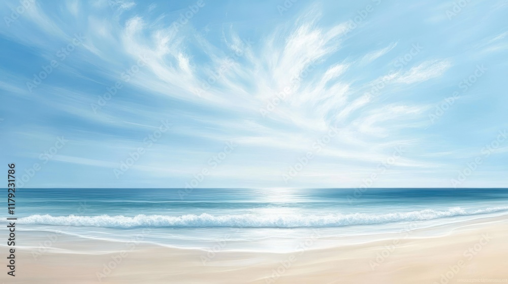 Obraz premium Serene beach scene with calm ocean waves under a vibrant blue sky filled with wispy clouds.