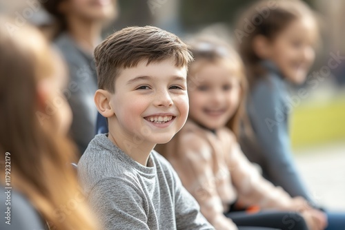 Caucasian boy smiling outdoors with friends.