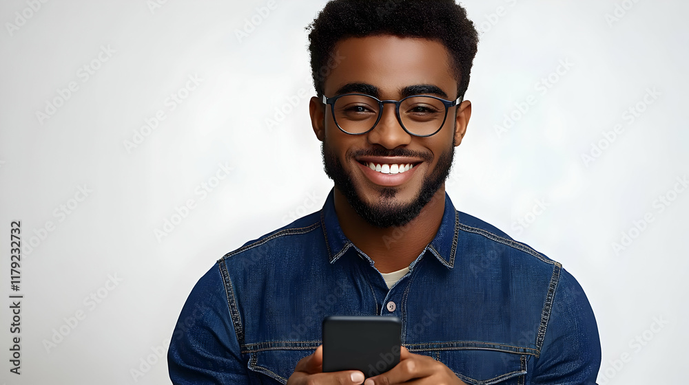 Smiling Man Holds Smartphone, Expressing Happiness and Connection, on White Background Smiling Man Holds Smartphone, Expressing Happiness and Connection, on White Background