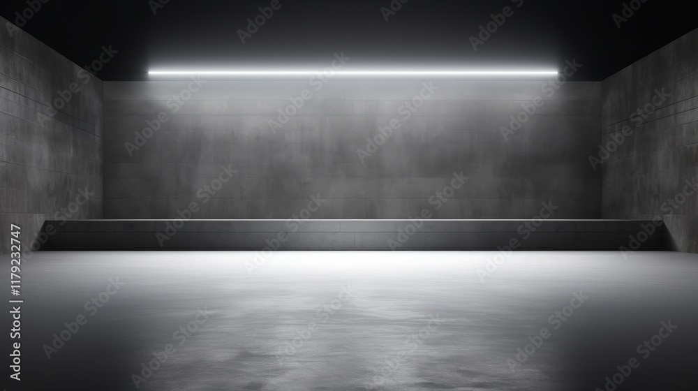 Obraz premium Empty Concrete Stage with Dramatic Light Beam Against Black Background, Ideal for Presentations and Artistic Displays