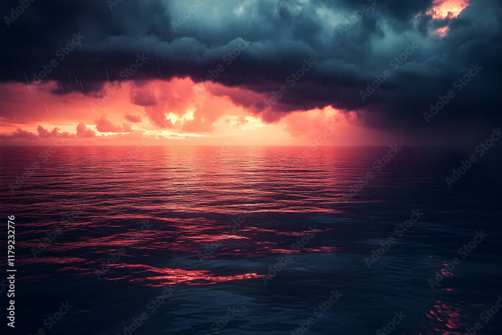 Fototapeta premium Rain droplets creating ripples in water under dark clouds with a moody gradient backdrop