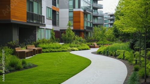 Modern apartment complex courtyard with landscaped walkway, green lawn, and benches.