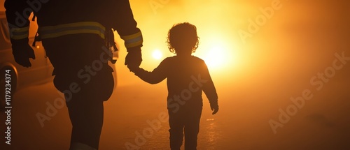 A child is seen holding a firefighter's hand during an evacuation, capturing a moment of safety and guidance in an emergency situation. photo