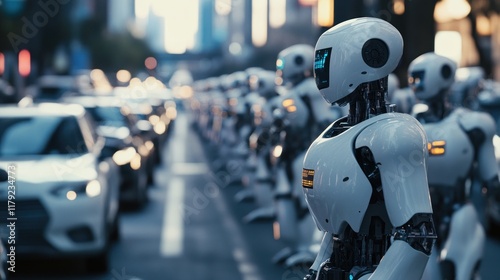 Wallpaper Mural Futuristic robots standing in a city street amidst traffic. Torontodigital.ca