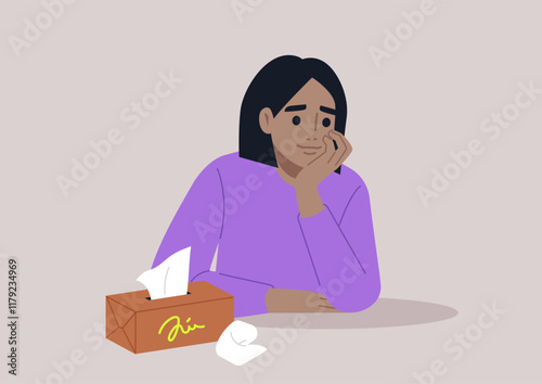 With a thoughtful gaze and gentle demeanor, the individual rests their chin on a hand while tissues are nearby, conveying a deep moment of introspection and vulnerability