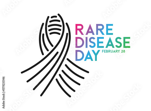 Rare Disease Day. February 28. Black line ribbon on white background. Colorful text. Poster, banner, card.
