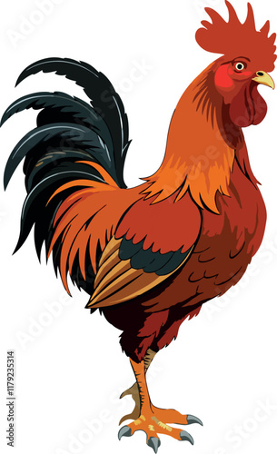 Proud rooster standing with colorful plumage on white background