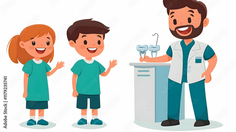 Friendly Male Doctor Shows Teeth Model to Two Kids in Clinic Cartoon Illustration Friendly Male Doctor Shows Teeth Model to Two Kids in Clinic Cartoon Illustration