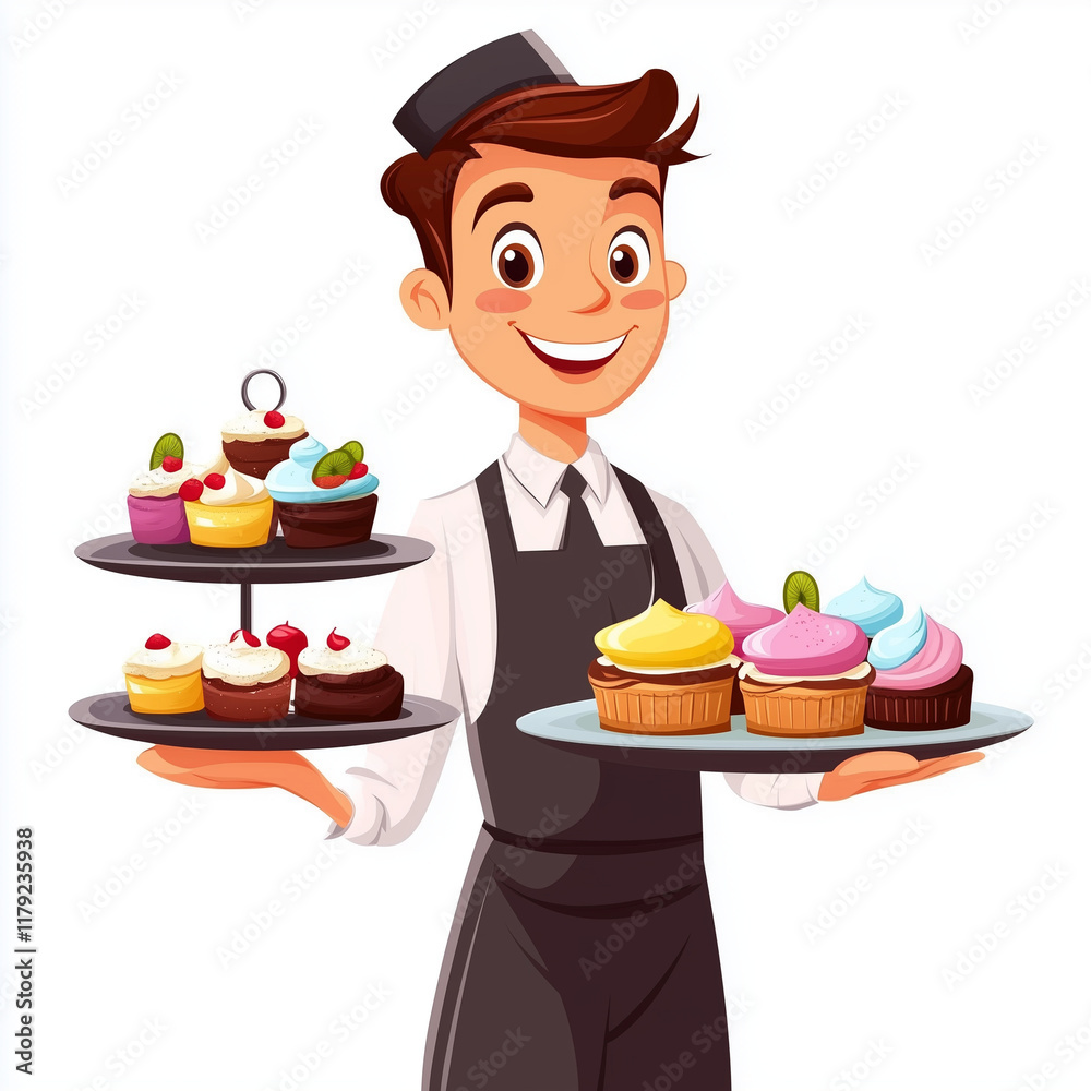 The cartoon illustration of waiter and waitress for restaurant 