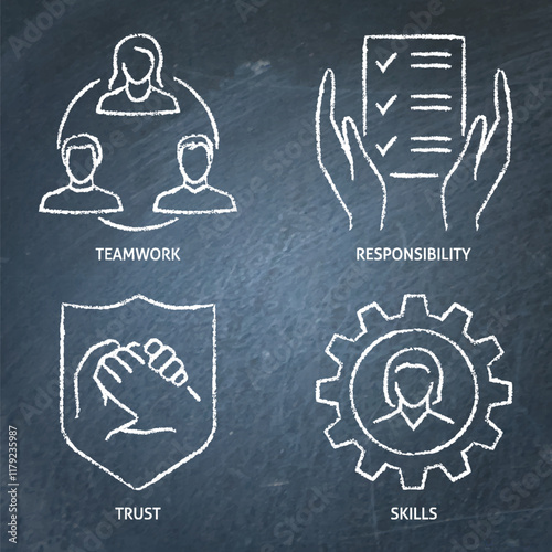 Teamwork and cooperation chalkboard icon set