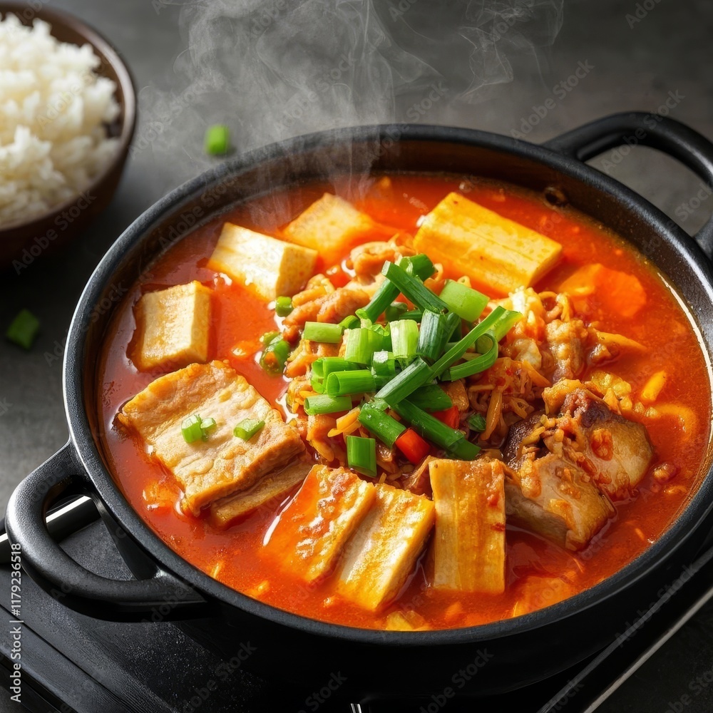 Steaming Kimchi Stew with Tofu and Pork Served with a Bowl of Fluffy White Rice Steaming Kimchi Stew with Tofu and Pork Served with a Bowl of Fluffy White Rice