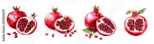 Watercolor pomegranate set png. Ripe pomegranate fruits watercolor on transparent background. Oriental and tropical fruits watercolor. Vector illustration.