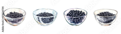 Watercolor set of glass bowls with black caviar png. Black caviar in glass bowls on transparent background. Watercolor seafood delicacy concept. Vector illustration.