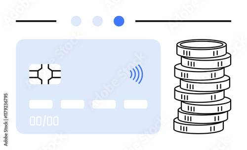 Contactless card with chip and NFC signal next to stacked coins. Ideal for fintech, cashless payments, savings, liquidity, budgeting, e-commerce, financial innovation, abstract line flat metaphor