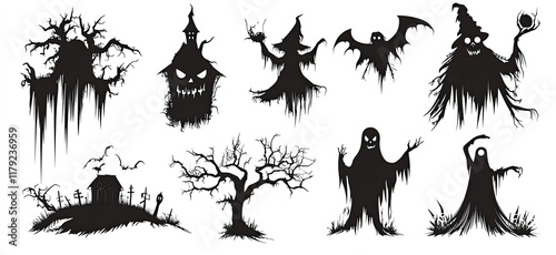 Halloween vector elements, a collection of black silhouettes on a white background. Vector graphics for design and illustration. Spooky, high-detail character illustrations photo