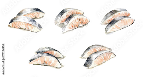 Watercolor set of pieces of white fish fillet png. Pieces of hake, pollock, tilapia and others. white fish for cooking. Concept of sea food and river fish.