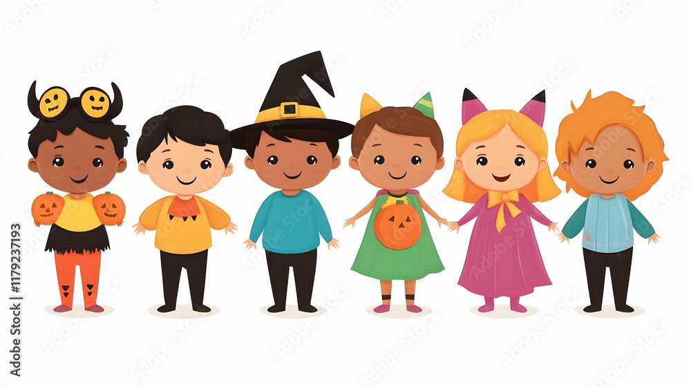 Adorable Children Wearing Halloween Costumes Stand Together Joyfully Adorable Children Wearing Halloween Costumes Stand Together Joyfully